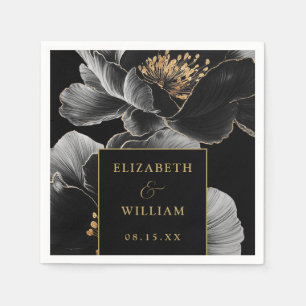 Black And Gold Floral Elegant Modern Wedding Napkins