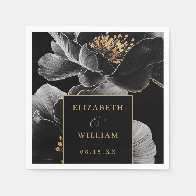 Black And Gold Floral Elegant Modern Wedding Napkins (Front)
