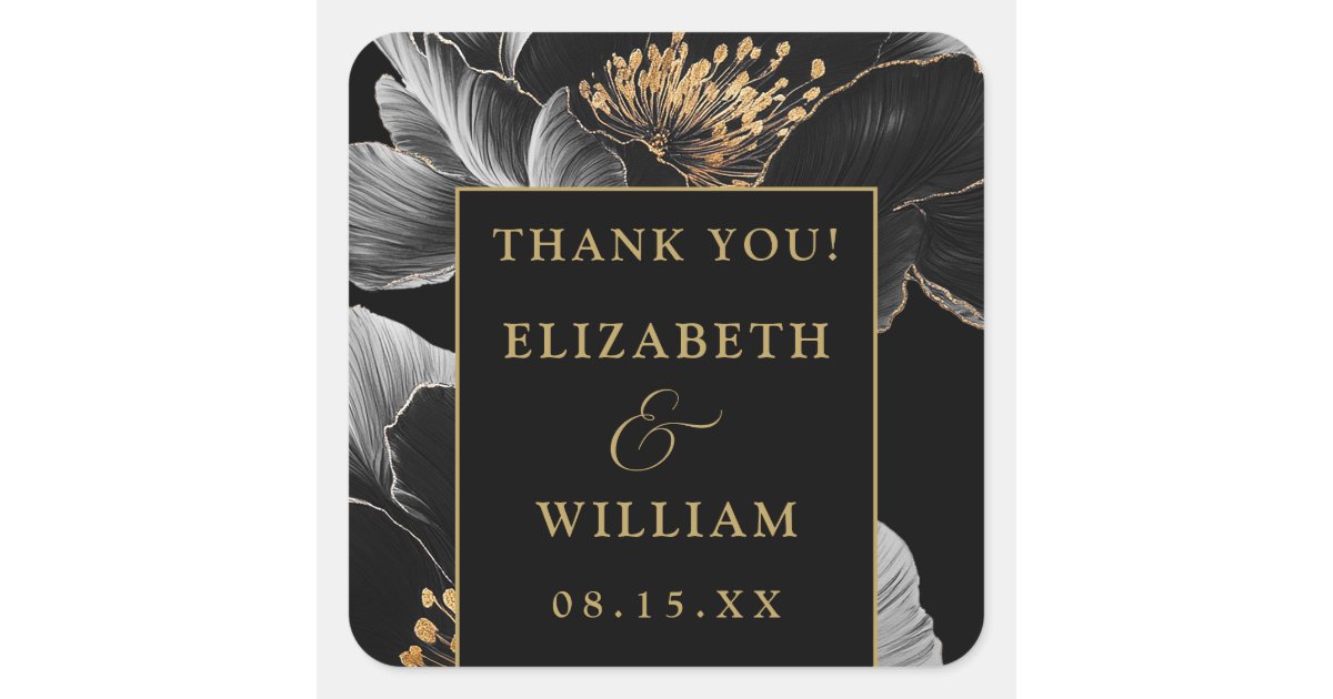 Black And Gold Floral Elegant Thank You Favor Square Sticker | Zazzle
