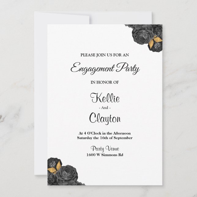 Black And Gold Floral Engagement Party Invitation (Front)