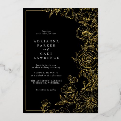 Black and Gold Floral  Formal Moody Wedding Foil Invitation