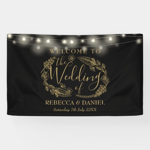 Black And Gold Floral Garland Script Wedding Banner