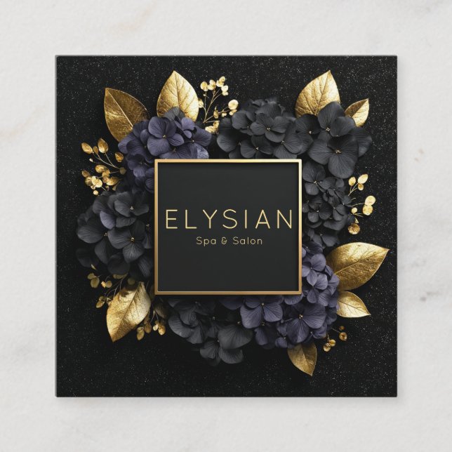 Black and Gold Floral Geometric Hydrangea Square Business Card (Front)