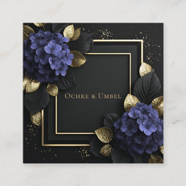 Black and Gold Floral Geometric Hydrangea Square Business Card (Front)