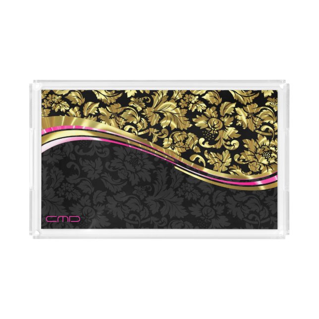 Black And Gold Floral Girly Damasks Acrylic Tray (Front)