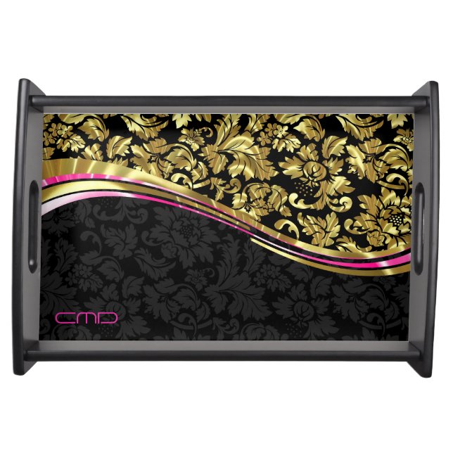 Black And Gold Floral Girly Damasks Serving Tray (Front)