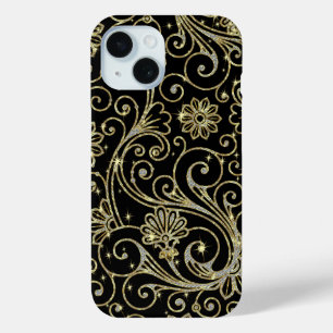 Black And Gold Floral Glitter & Sparkles iPhone 15 Case