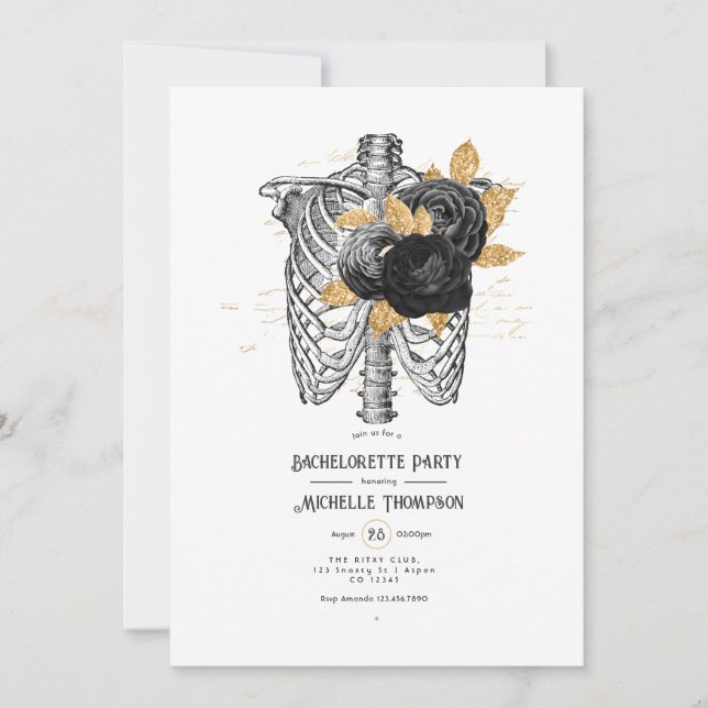 Black and Gold Floral Gothic Bachelorette Party Invitation (Front)