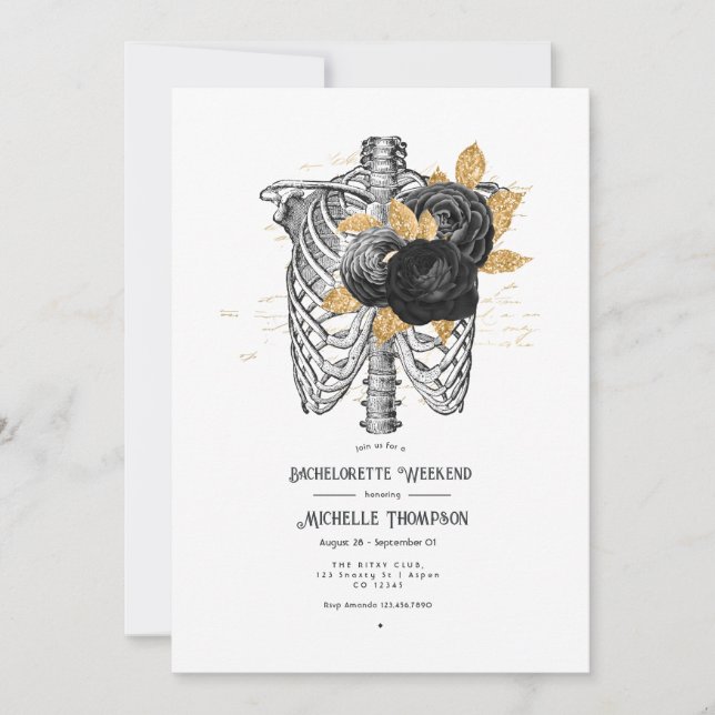 Black and Gold Floral Gothic Bachelorette Weekend Invitation (Front)
