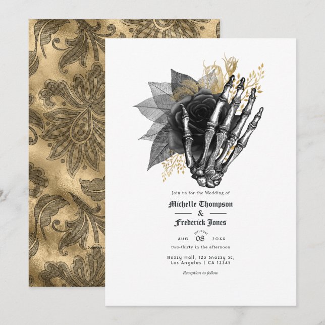 Black and Gold Floral Gothic Wedding QR Code Invitation (Front/Back)
