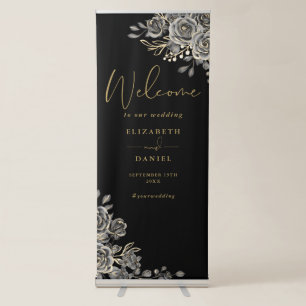 Black And Gold Floral Gothic Wedding Welcome Retractable Banner