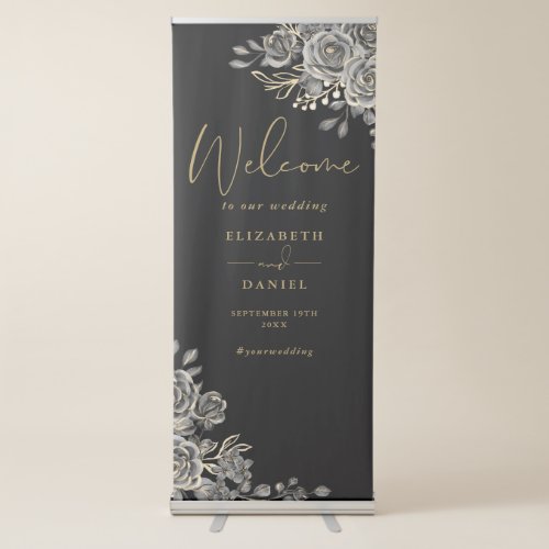 Black And Gold Floral Gothic Wedding Welcome Retractable Banner