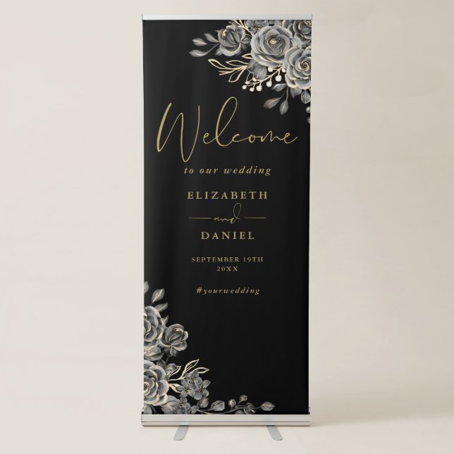 Black And Gold Floral Gothic Wedding Welcome Retractable Banner (Front)