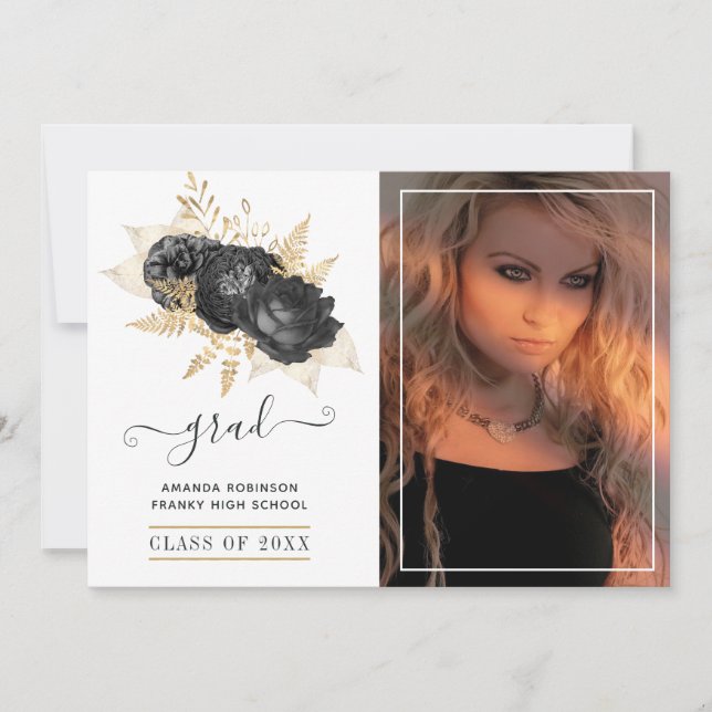 Black and Gold Floral Graduation Photo Announcement (Front)