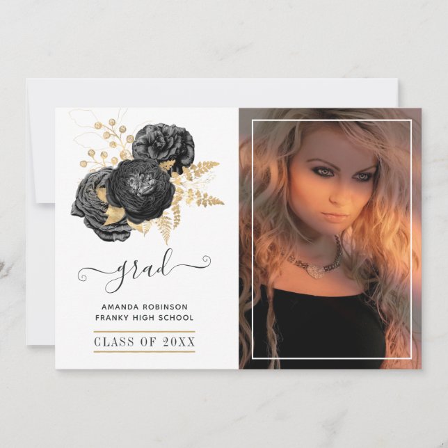 Black and Gold Floral Graduation Photo Announcement (Front)
