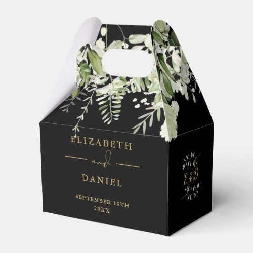 Black And Gold Floral Greenery Monogram Wedding Favor Boxes