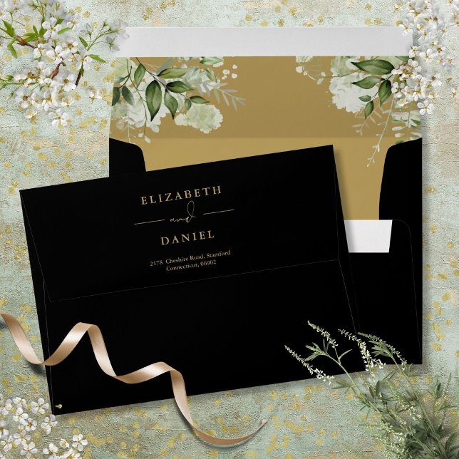 Black And Gold Floral Greenery Return Address Envelope (Black And Gold Floral Greenery Return Address Envelope)