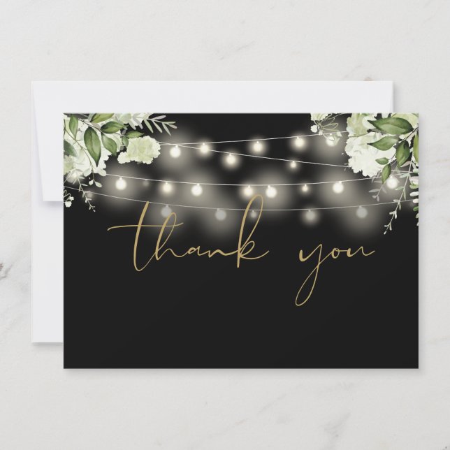 Black And Gold Floral Greenery String Lights Thank You Card (Front)