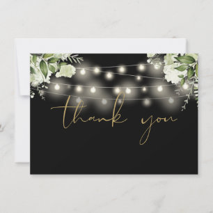 Black And Gold Floral Greenery String Lights Thank You Card