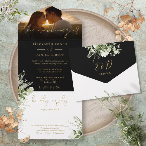 Black And Gold Floral Greenery Wedding Photo All In One Invitation