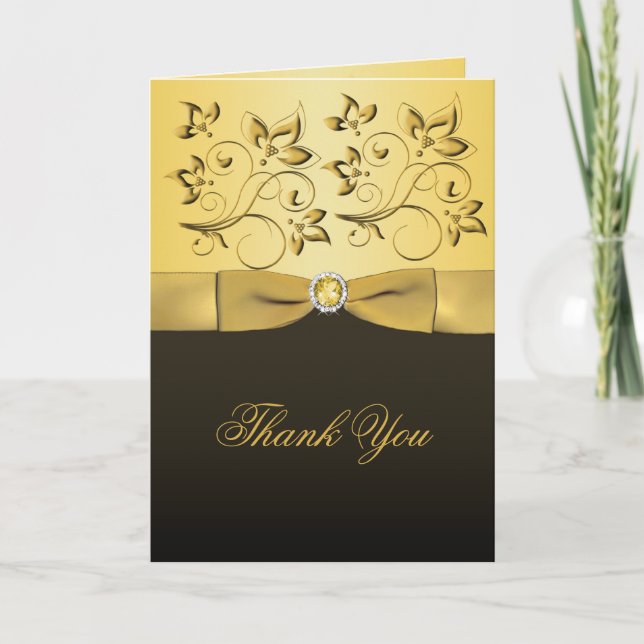Black and Gold Floral Jewelled Thank You Card (Front)