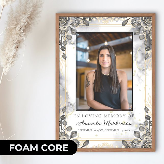 Black and Gold Floral Marble Loving Memory Funeral Foam Board (Creator Uploaded)