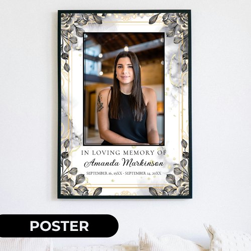 Black and Gold Floral Marble Loving Memory Funeral Poster