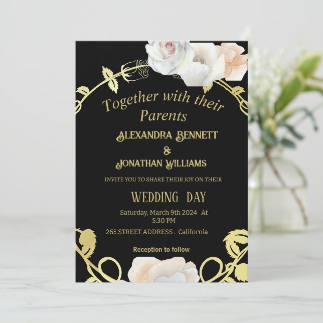Black and Gold Floral Modern Boho Wedding Invitation (Standing Front)
