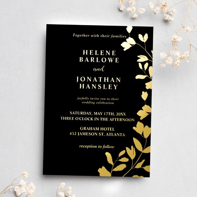 Black And Gold Floral Modern Elegant Wedding Foil Invitation (Black And Gold Floral Modern Elegant Wedding Foil Invitation)