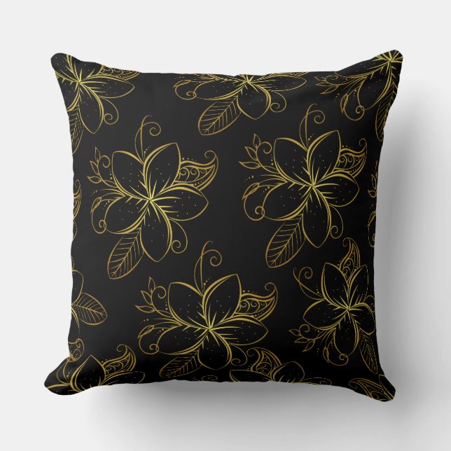 Black and Gold Floral Modern Throw Pillow (Front)