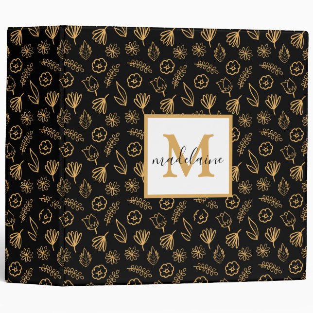 Black and Gold Floral Monogram 3 Ring Binder (Front/Spine)