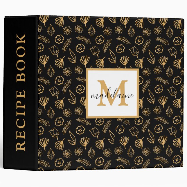 Black and Gold Floral Monogram Recipe Book 3 Ring Binder (Front/Spine)