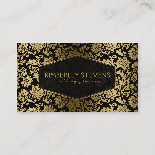 Black And Gold Floral Ornate Damasks Business Card (Front)