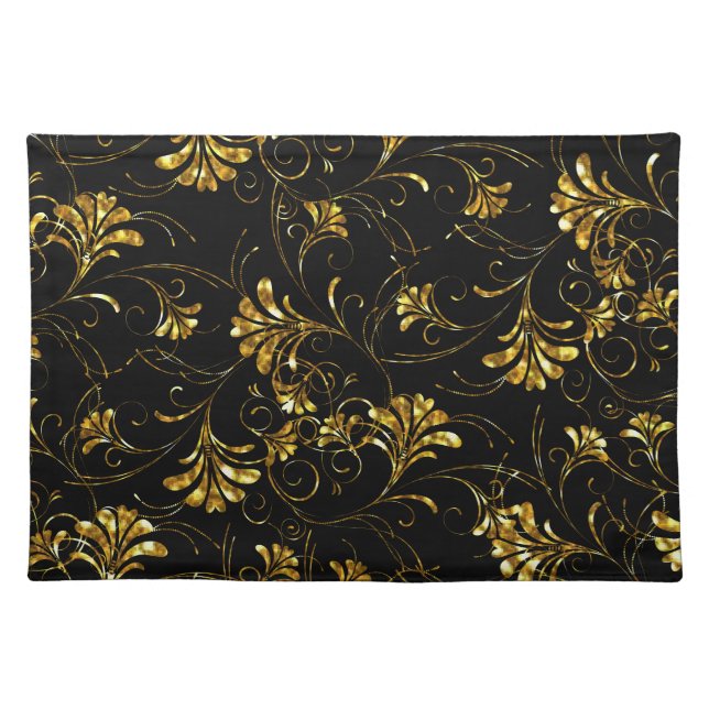 Black and Gold Floral Pattern  Cloth Placemat (Front)