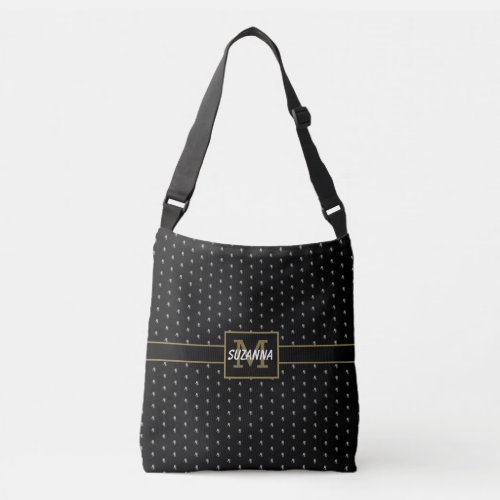 Black and Gold Floral Pattern Monogram Crossbody Bag