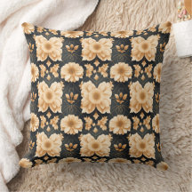 Black and Gold Floral Pattern Throw Pillow