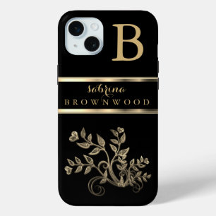Black and Gold Floral -Personalized iPhone 15 Plus Case