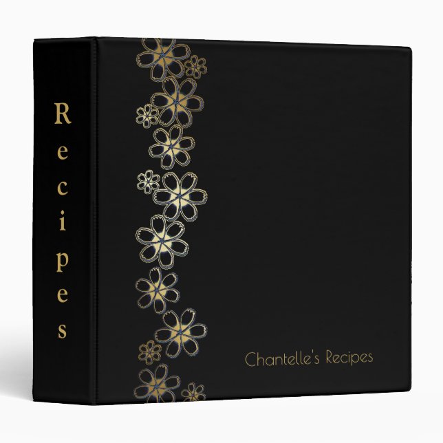 Black and Gold Floral Personalized Recipe 3 Ring Binder (Front/Spine)