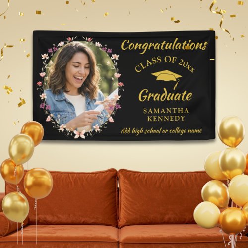 Black And Gold Floral Photo Congrats Graduation Banner