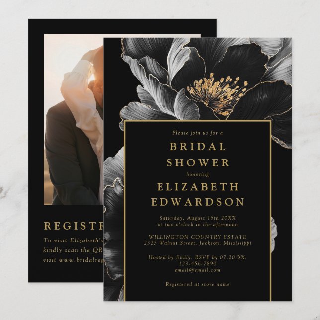 Black And Gold Floral Photo QR Code Bridal Shower Invitation (Front/Back)