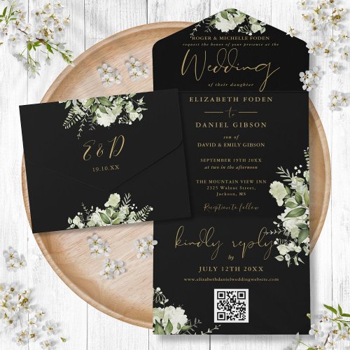Black And Gold Floral QR Code Formal Wedding All In One Invitation