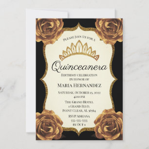 Black and Gold Floral Quinceanera Birthday Invitation