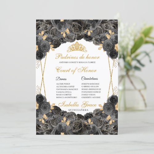 Black and Gold Floral Quinceanera Court of Honor Invitation