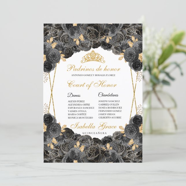 Black and Gold Floral Quinceanera Court of Honor Invitation (Standing Front)
