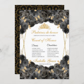 Black and Gold Floral Quinceanera Court of Honor Invitation (Front/Back)