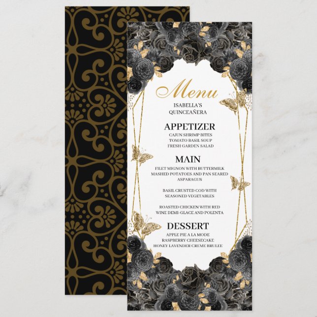 Black and Gold Floral Quinceanera Menu Invitation (Front/Back)