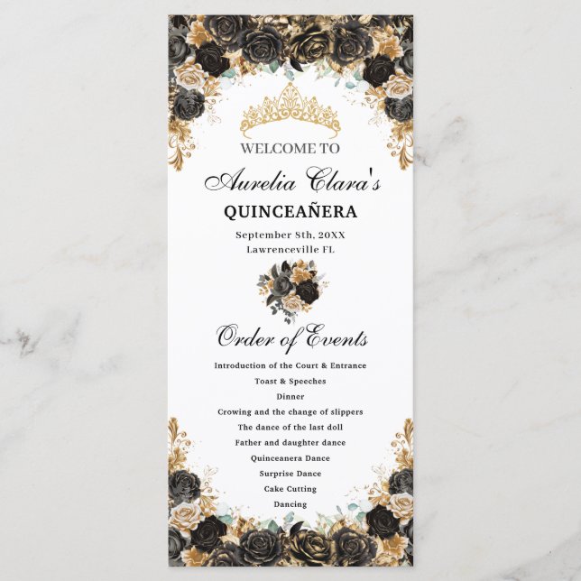 Black and Gold Floral Quinceañera Order Events Program (Front)