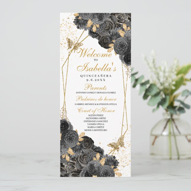 Black and Gold Floral Quinceanera Program (Standing Front)