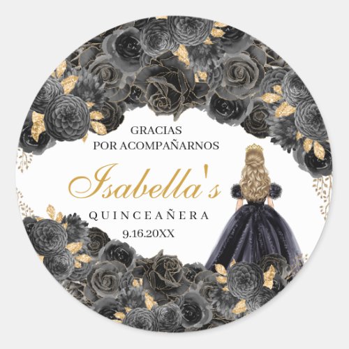 Black and Gold Floral Quinceanera Round Stickers