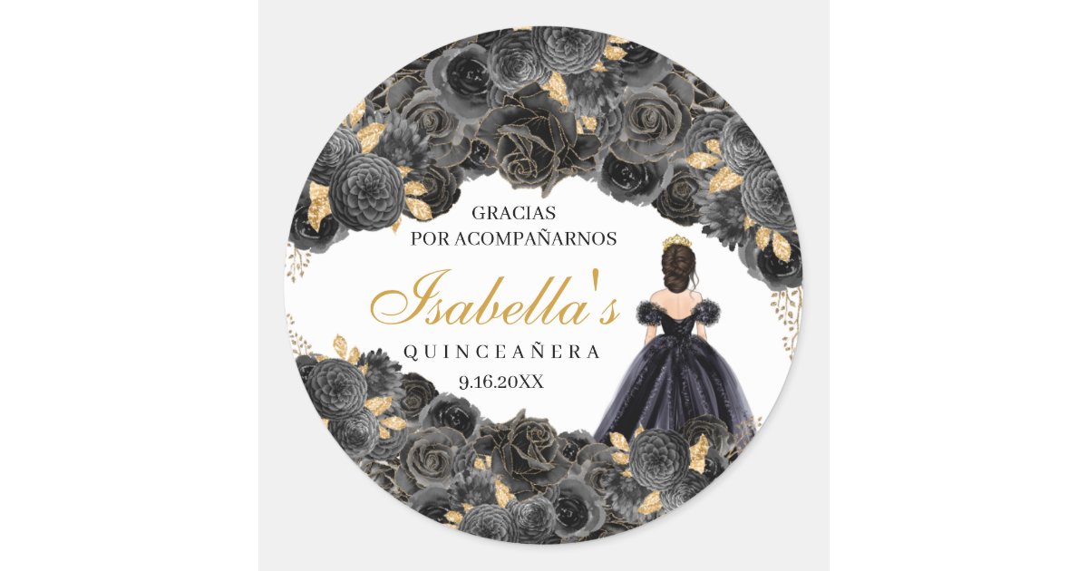 Black and Gold Floral Quinceanera Round Stickers | Zazzle
